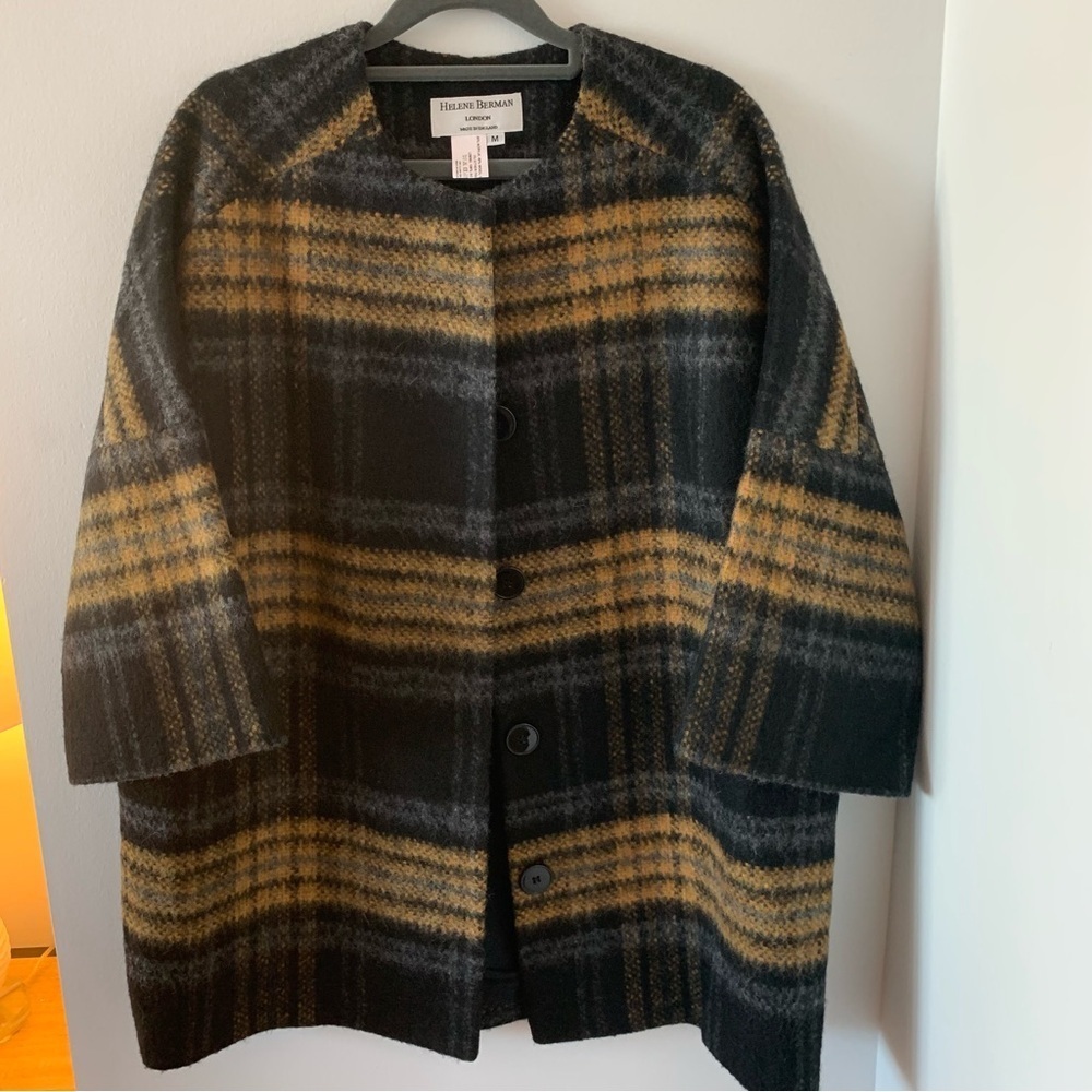 Helene Berman Stunning‎ Overcoat 3/4 Sleeves Wool Blend Plaid Oversized Size M